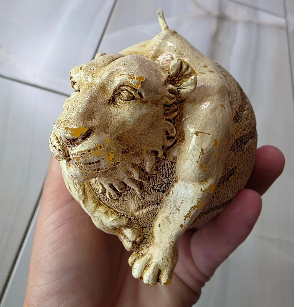 Vintage Sculpted Tiger Head Sphere Candle Cream Tan Textured Safari Decor P4‎